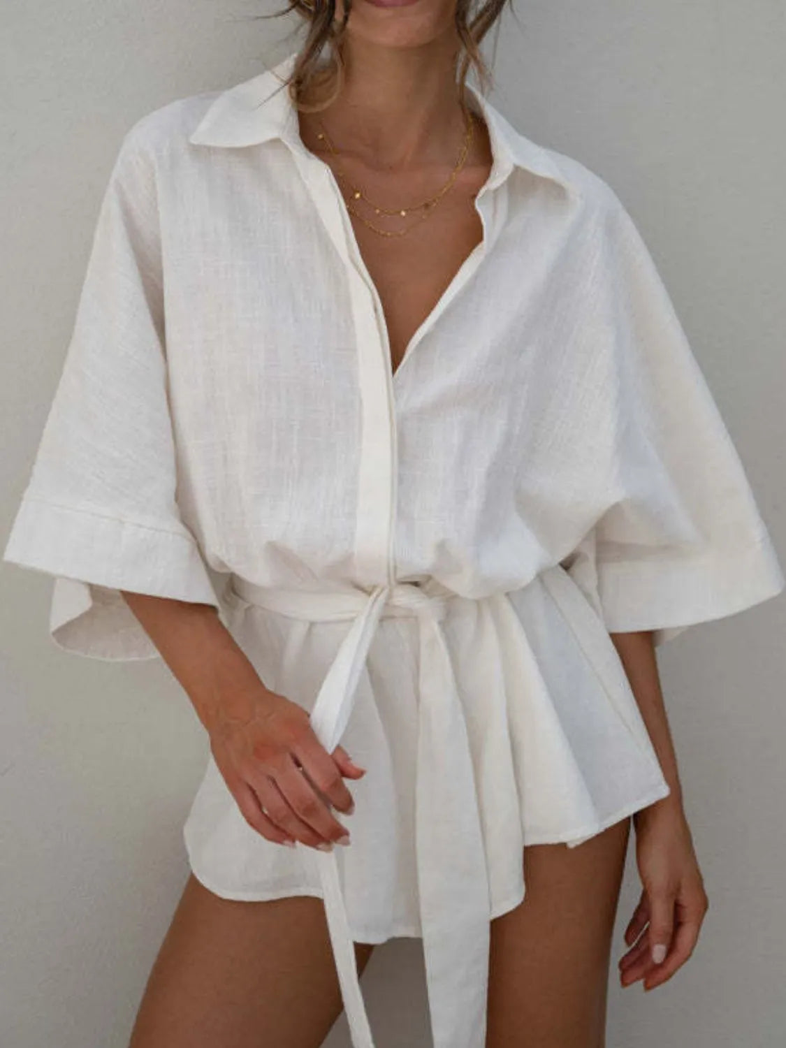 Collared Neck Half Sleeve Romper - Draped in Grace