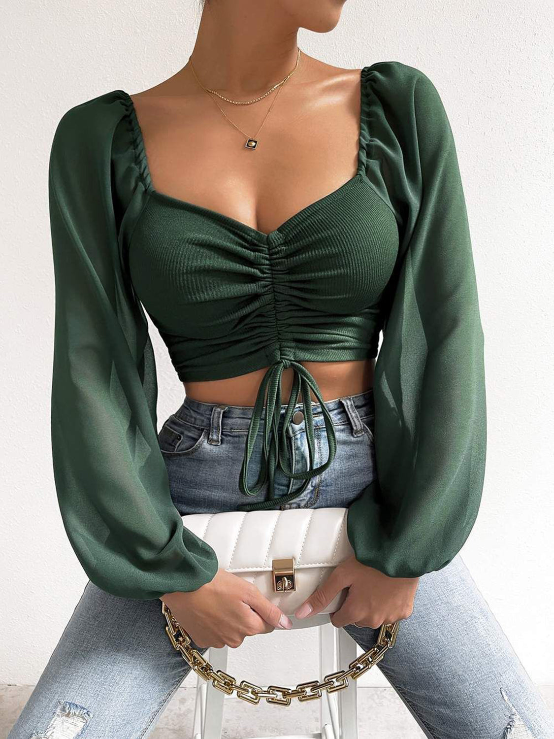 Drawstring Sweetheart Neck Cropped Top - Draped in Grace