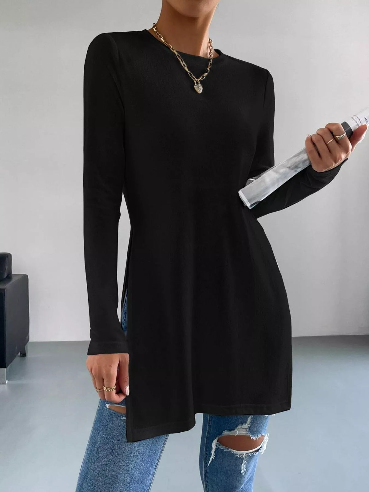 Long Sleeve Side Slit T-Shirt - Draped in Grace