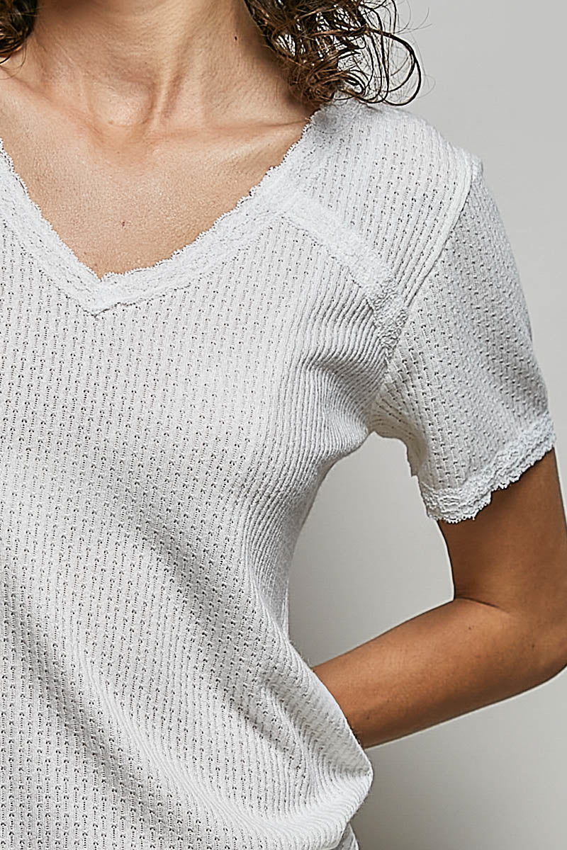 POL Lace Detail V-Neck Short Sleeve Textured T-Shirt - Draped in Grace