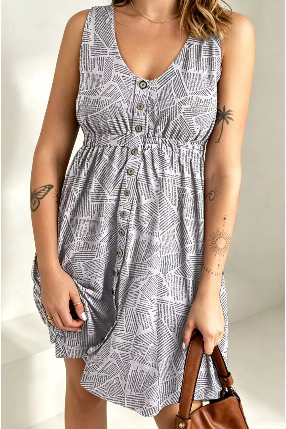 Double Take Printed Sleeveless Front Button Ruched Waist Side Slit Casual Magic Dress with Pockets - Draped in Grace