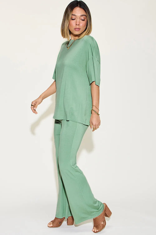 Basic Bae Full Size Bamboo Drop Shoulder T-Shirt and Flare Pants Set - Draped in Grace