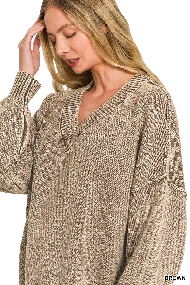 Zenana Washed Deep V-neck Oversized Sweater - Draped in Grace