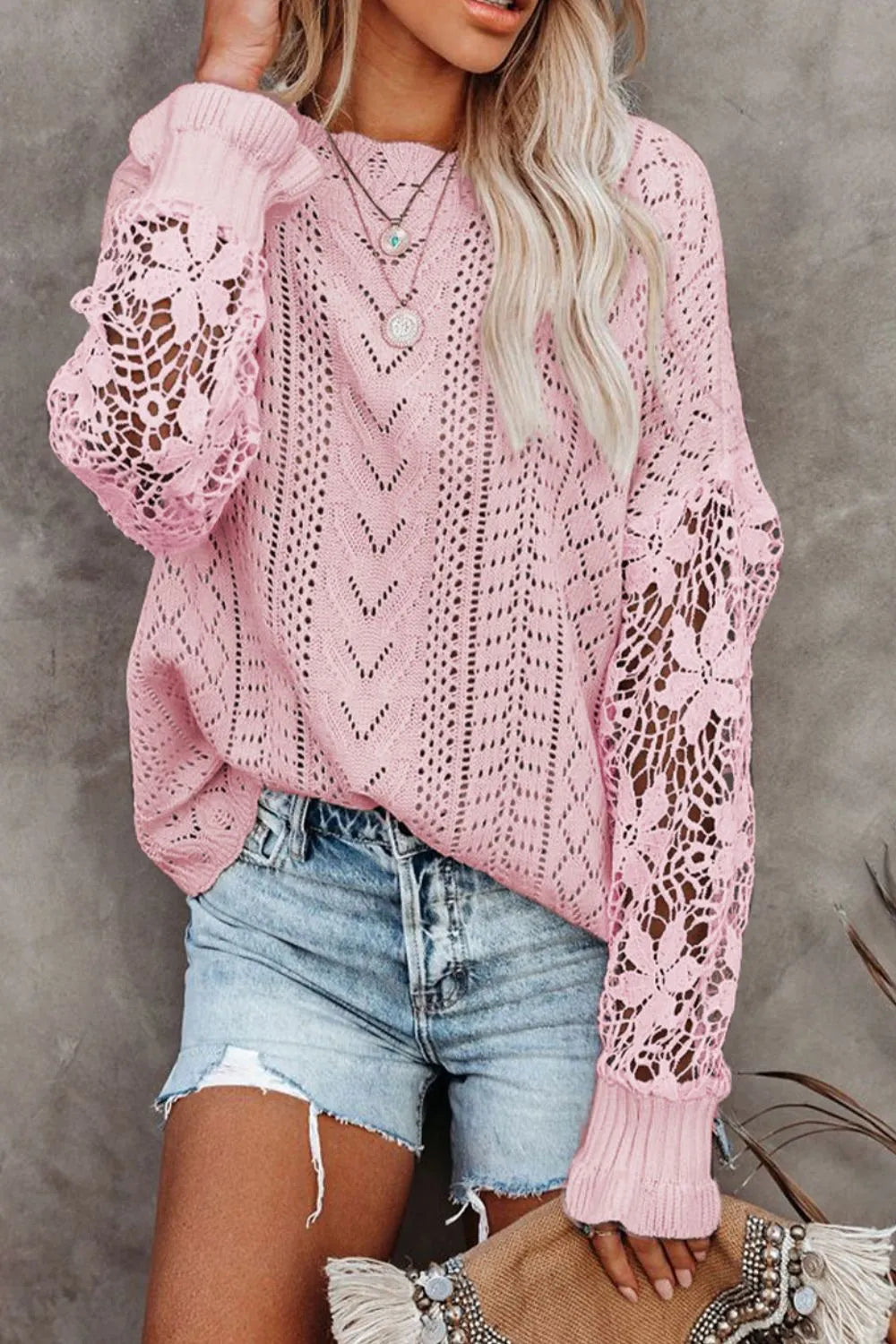 Openwork Round Neck Long Sleeve Sweater - Draped in Grace