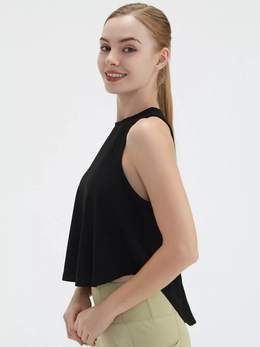 Cutout Back Round Neck Active Tank - Draped in Grace