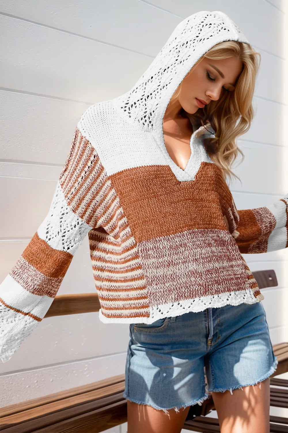 Double Take Full Size Openwork Contrast Long Sleeve Hooded Sweater - Draped in Grace