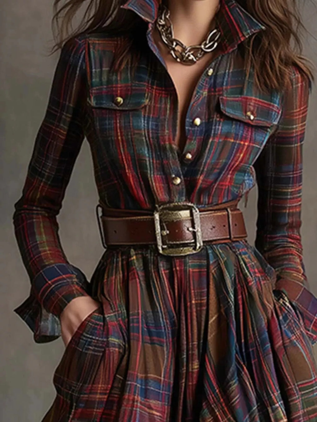 Full Size Plaid Long Sleeve Shirt Maxi Dress Plus Size - Draped in Grace
