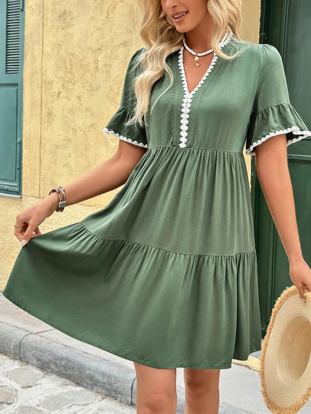 Lace Detail Notched Flounce Sleeve Mini Dress - Draped in Grace
