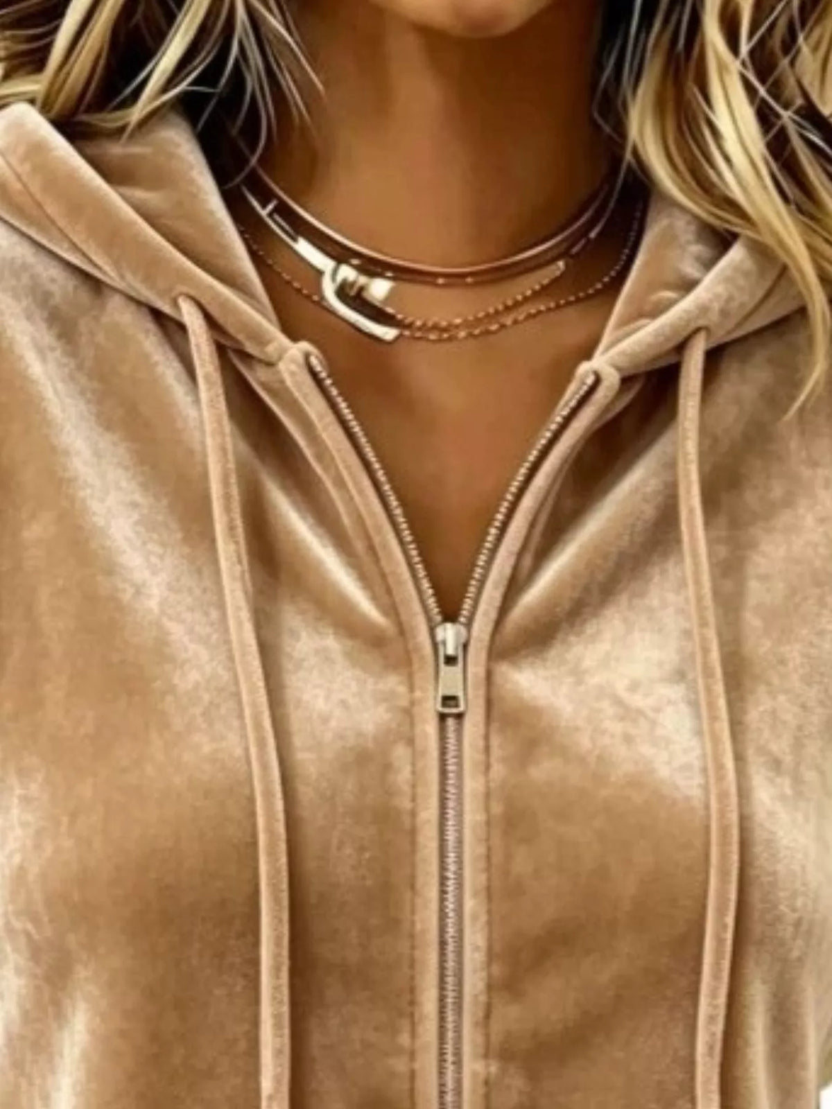 Full Size Velvet Zip-Up Hoodie with Drawstring Plus Size - Draped in Grace