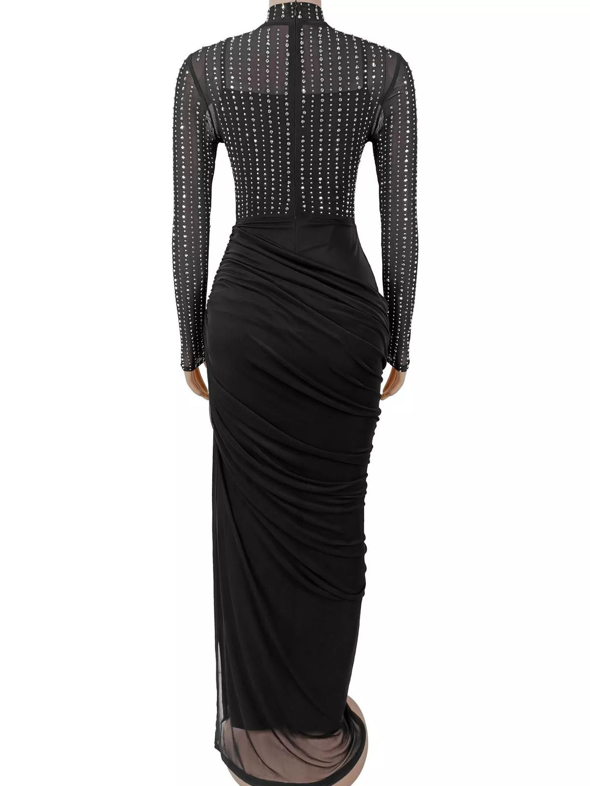 Rhinestone Mock Neck Ruched Maxi Dress - Draped in Grace