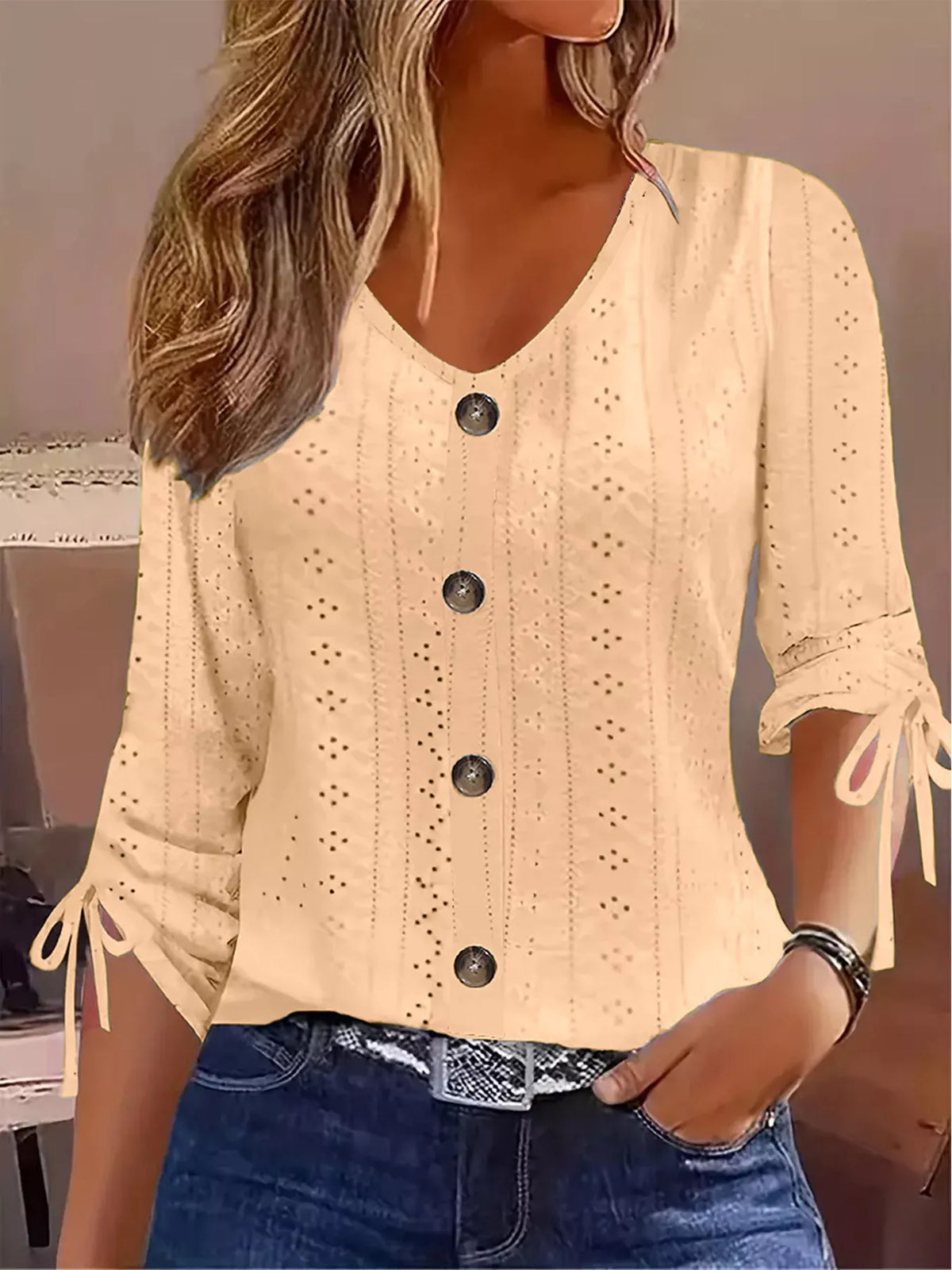 Eyelet Tie-Sleeve Detail Top - Draped in Grace