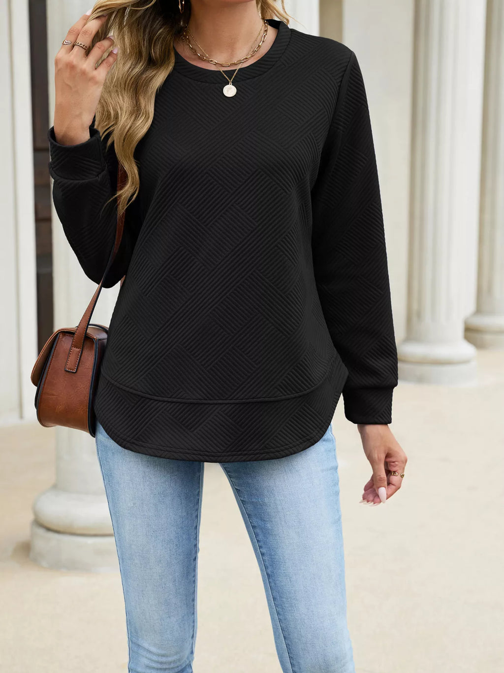 Textured Crew Neck Sweatshirt - Draped in Grace