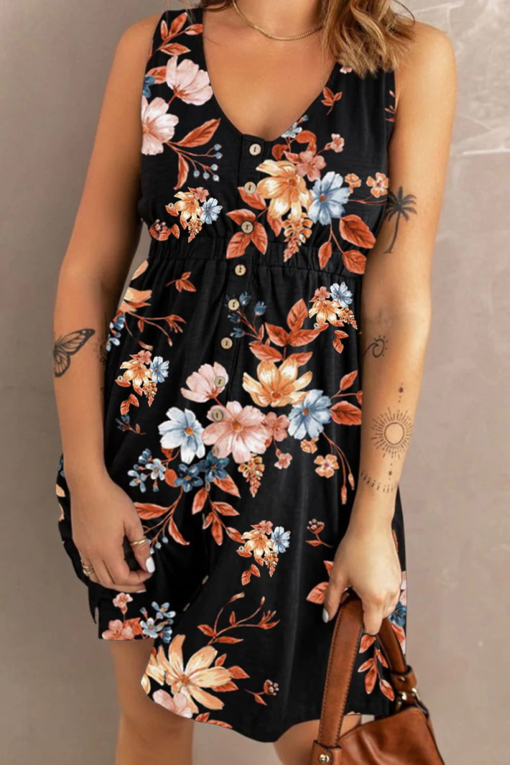 Double Take Printed Sleeveless Front Button Ruched Waist Side Slit Casual Magic Dress with Pockets - Draped in Grace