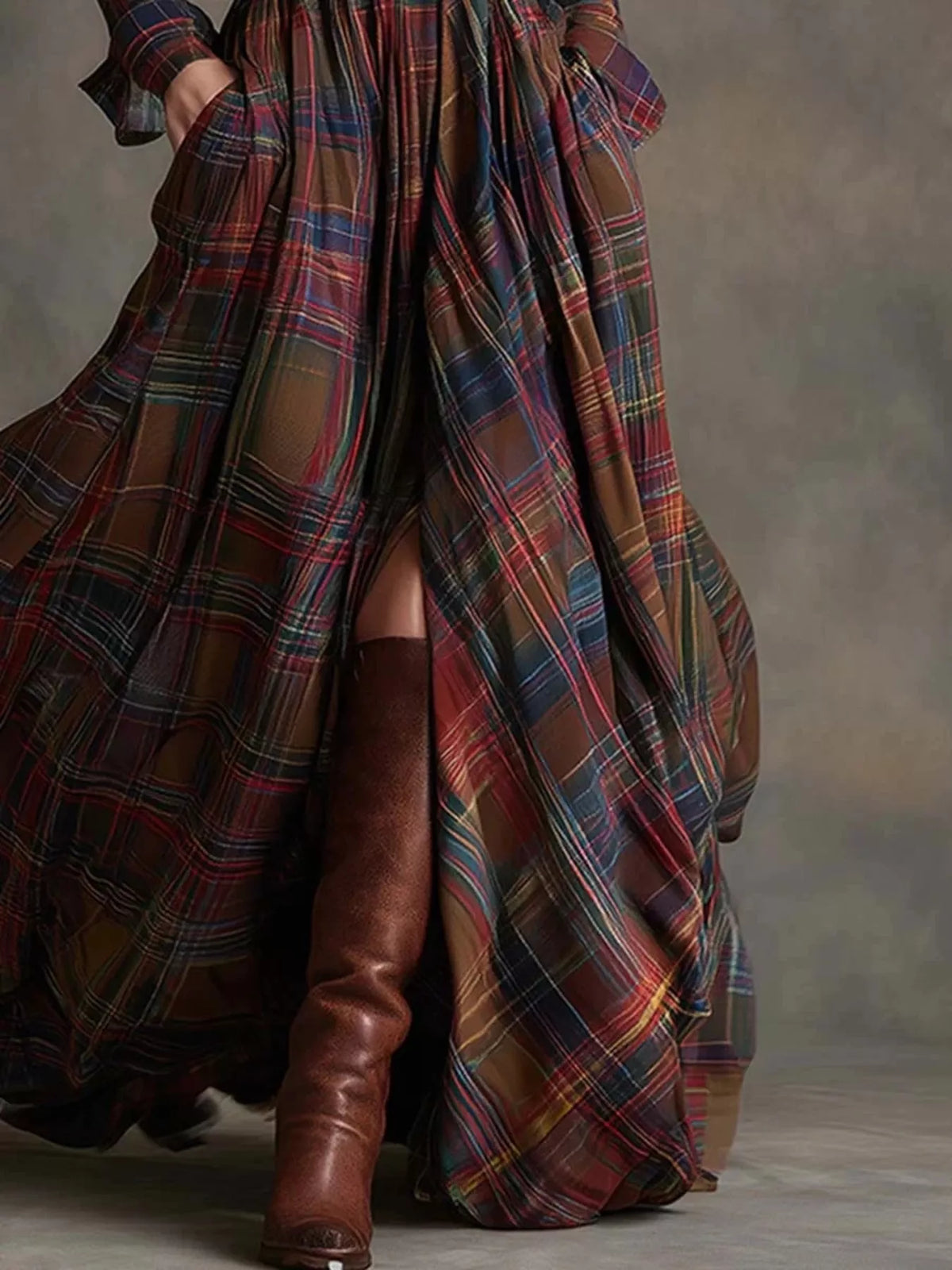 Full Size Plaid Long Sleeve Shirt Maxi Dress Plus Size - Draped in Grace