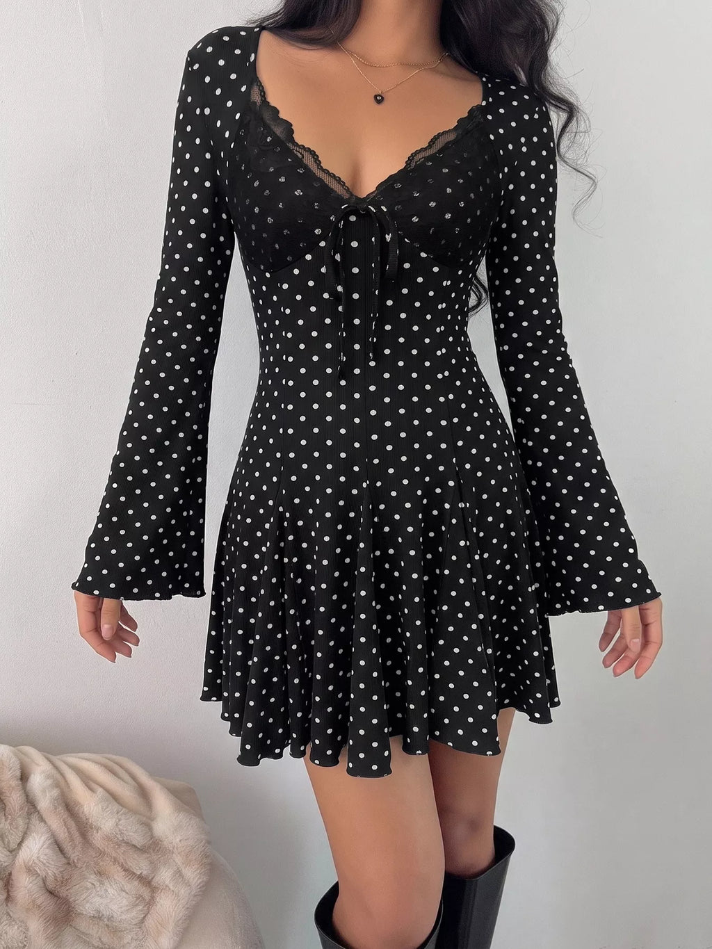 Polka Dot Lace Trimmed V-Neck Mini Dress - Draped in Grace