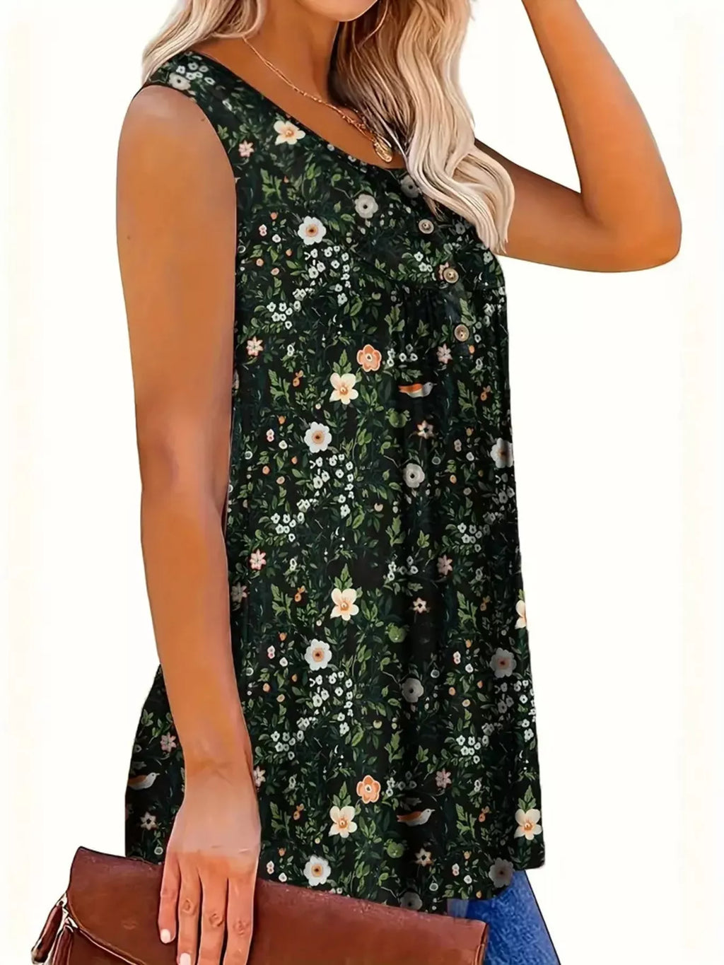 Full Size Floral Print Button Detail Tank Plus Size - Draped in Grace