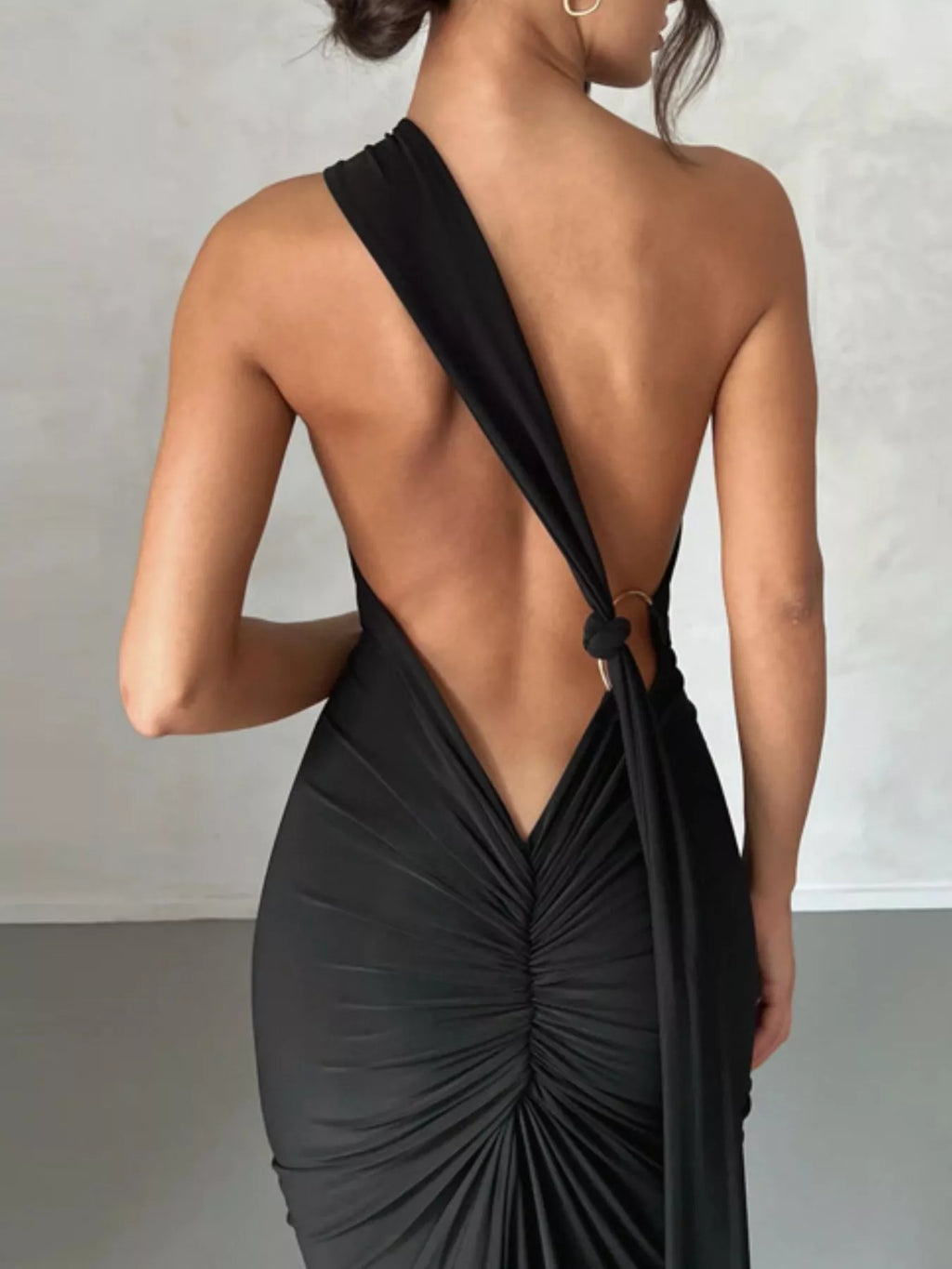 Backless One-Shoulder Ruched Bodycon Maxi Dress - Draped in Grace