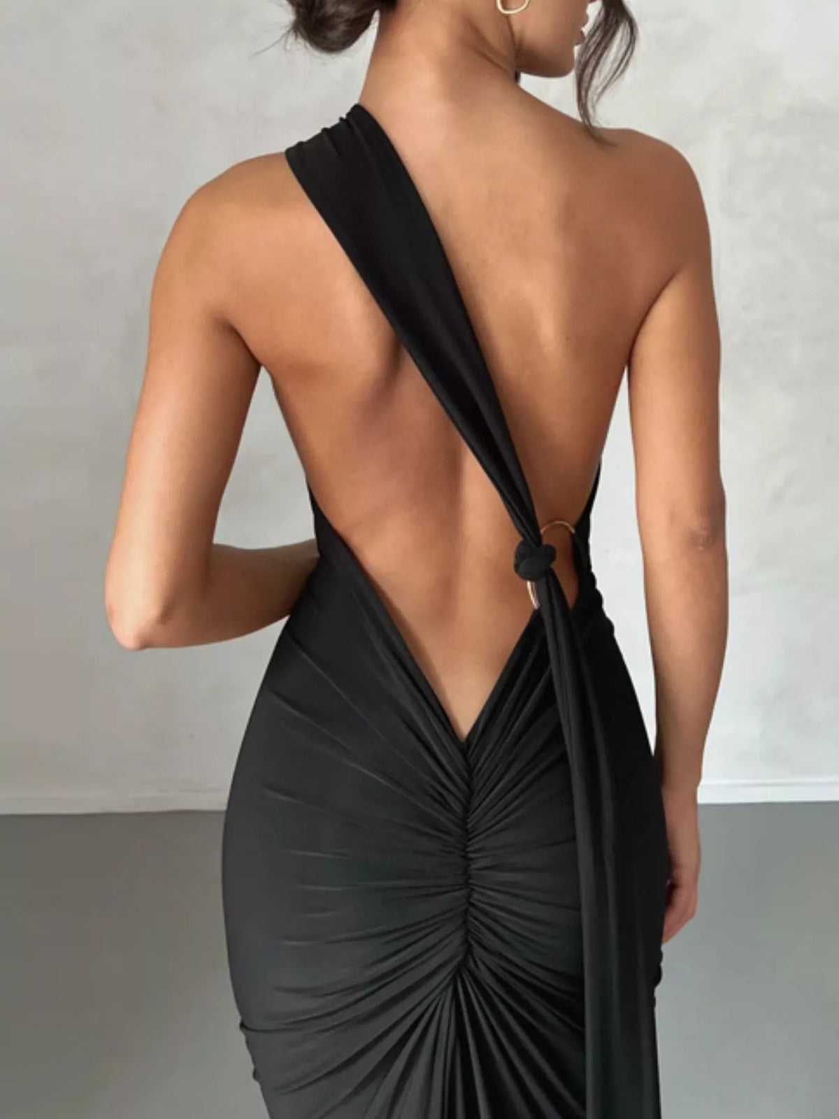 Backless One-Shoulder Ruched Bodycon Maxi Dress - Draped in Grace