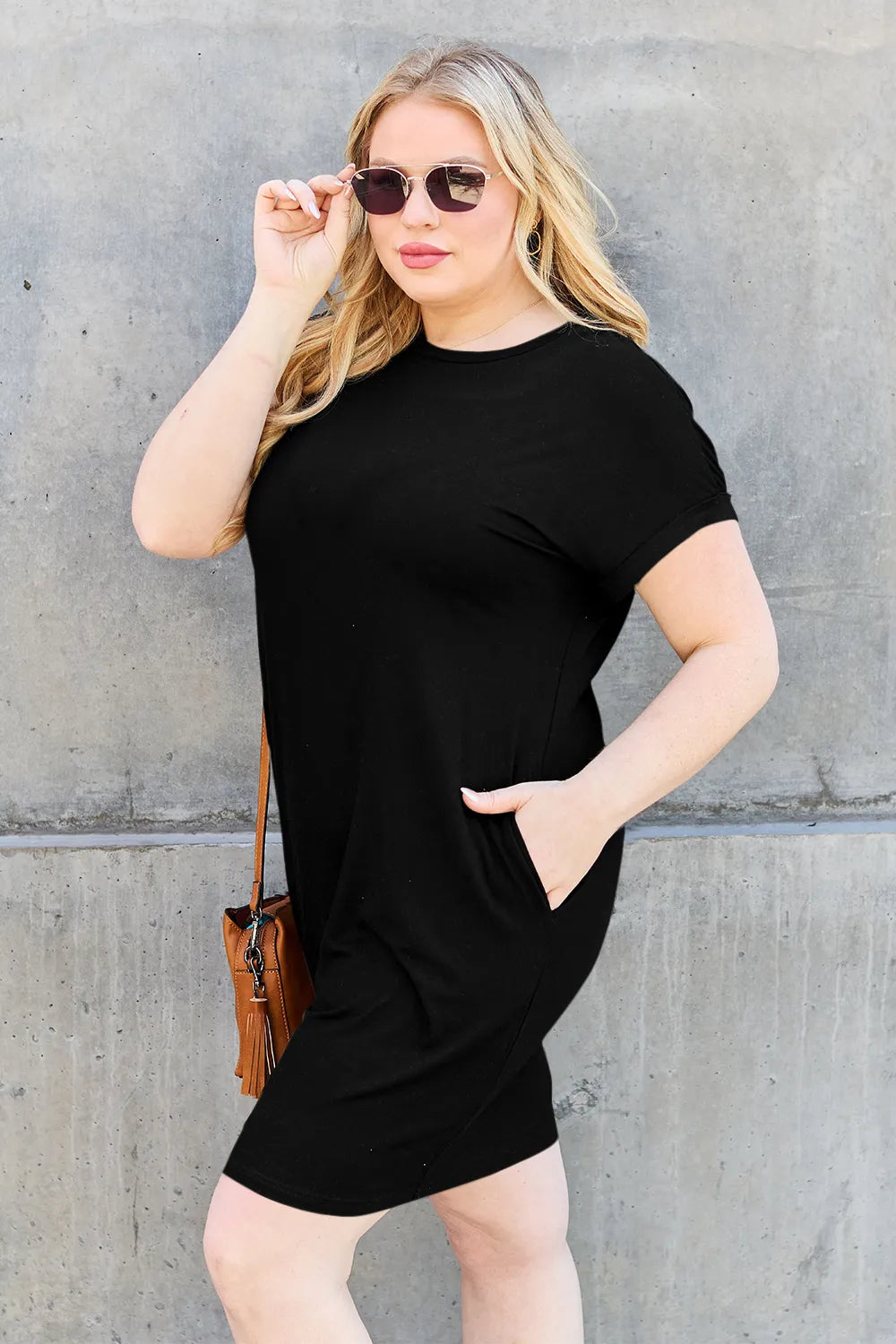 Basic Bae Bamboo Full Size Round Neck Short Sleeve Dress with Pockets - Draped in Grace