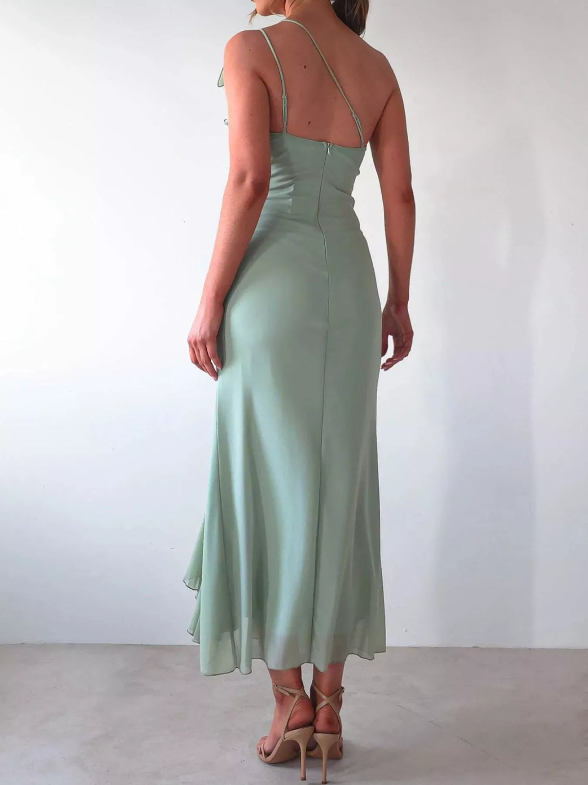 One-Shoulder Ruffle Slit Dress - Draped in Grace