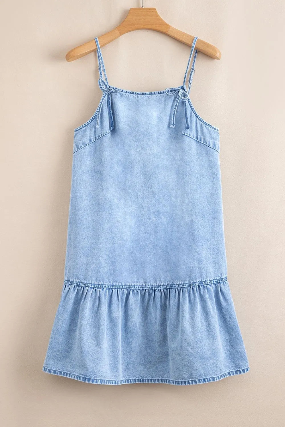 Bow Detail Spaghetti Straps Ruffle Hem Denim Dress - Draped in Grace