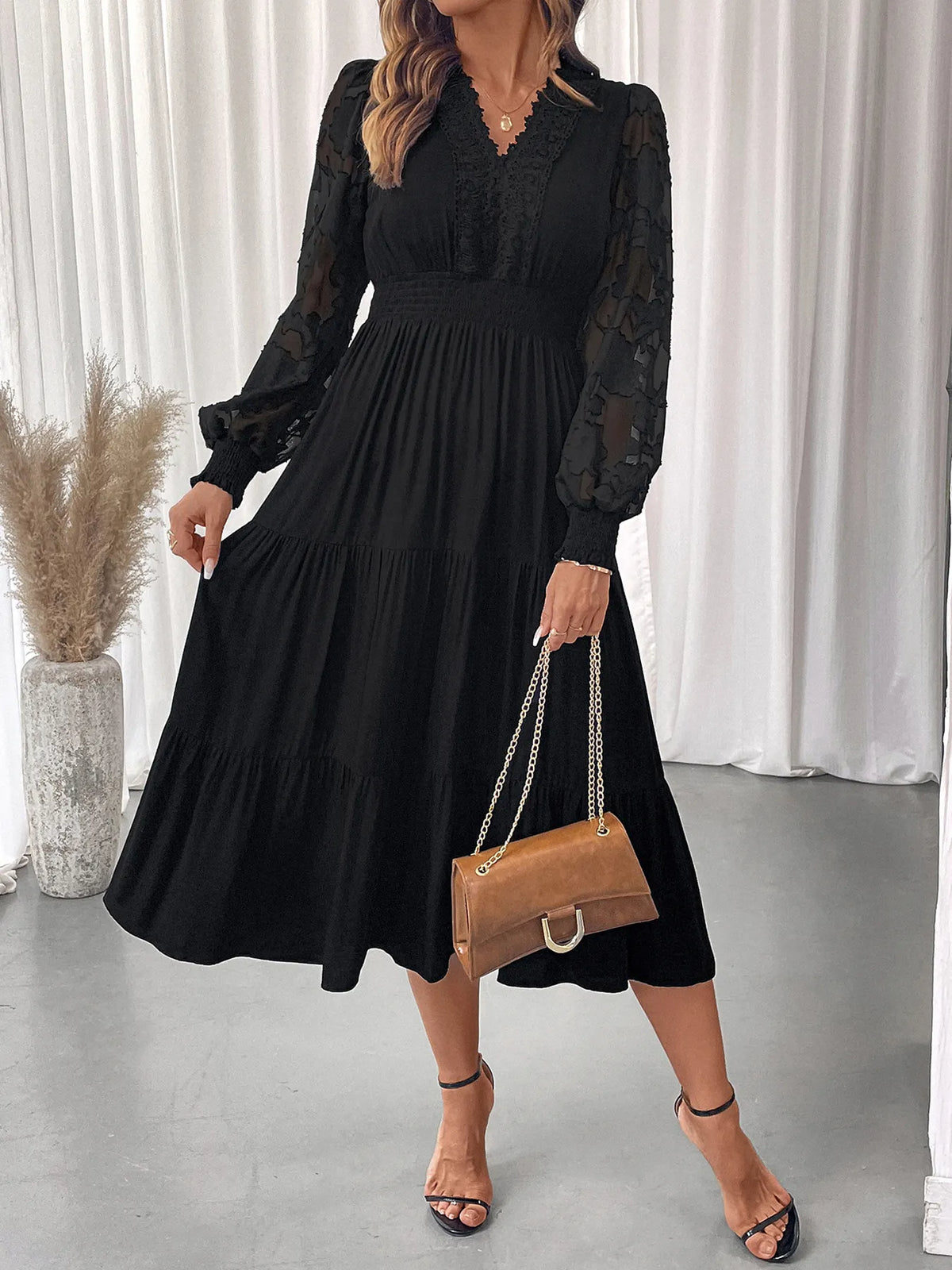 Lace Detail Lantern Sleeve Tiered Dress - Draped in Grace