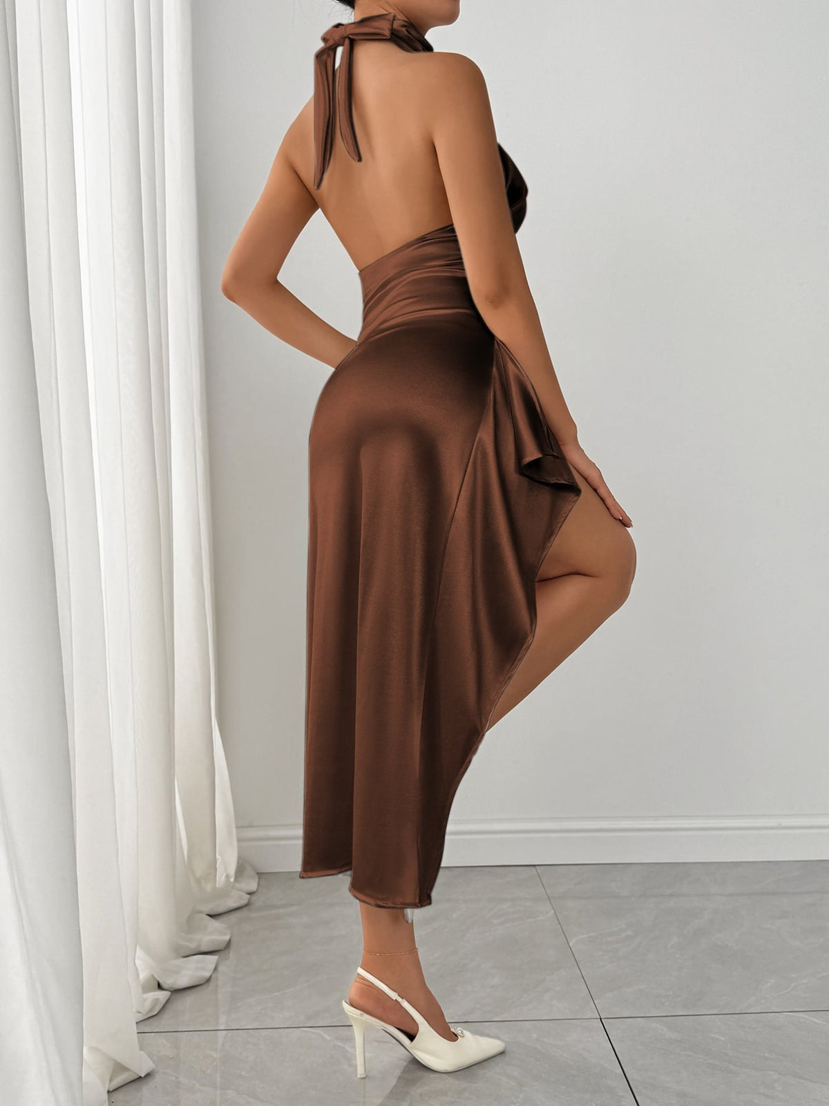 Halter Neck High Slit Satin Dress - Draped in Grace