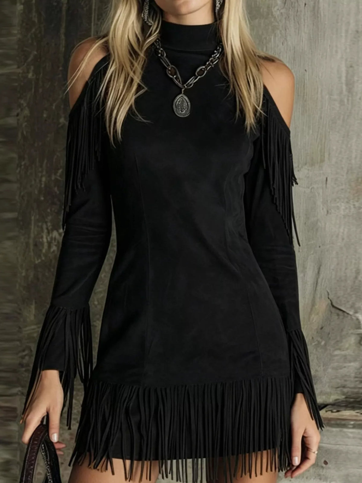 Fringed Cold Shoulder Mini Dress - Draped in Grace