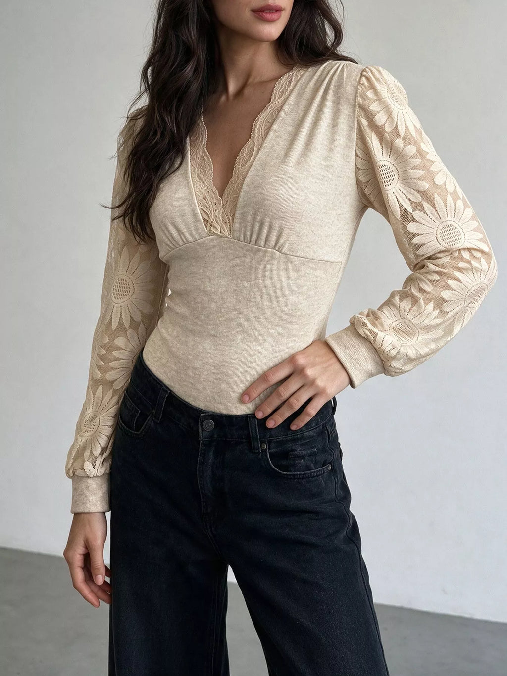V-Neck Lace Trim Floral Mesh Sleeve Bodysuit - Draped in Grace