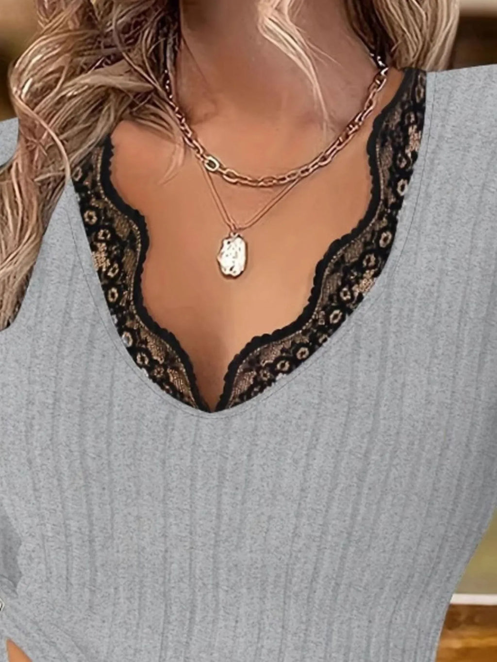 Full Size Ribbed V-Neck Lace Trim Long Sleeve T-Shirt Plus Size - Draped in Grace