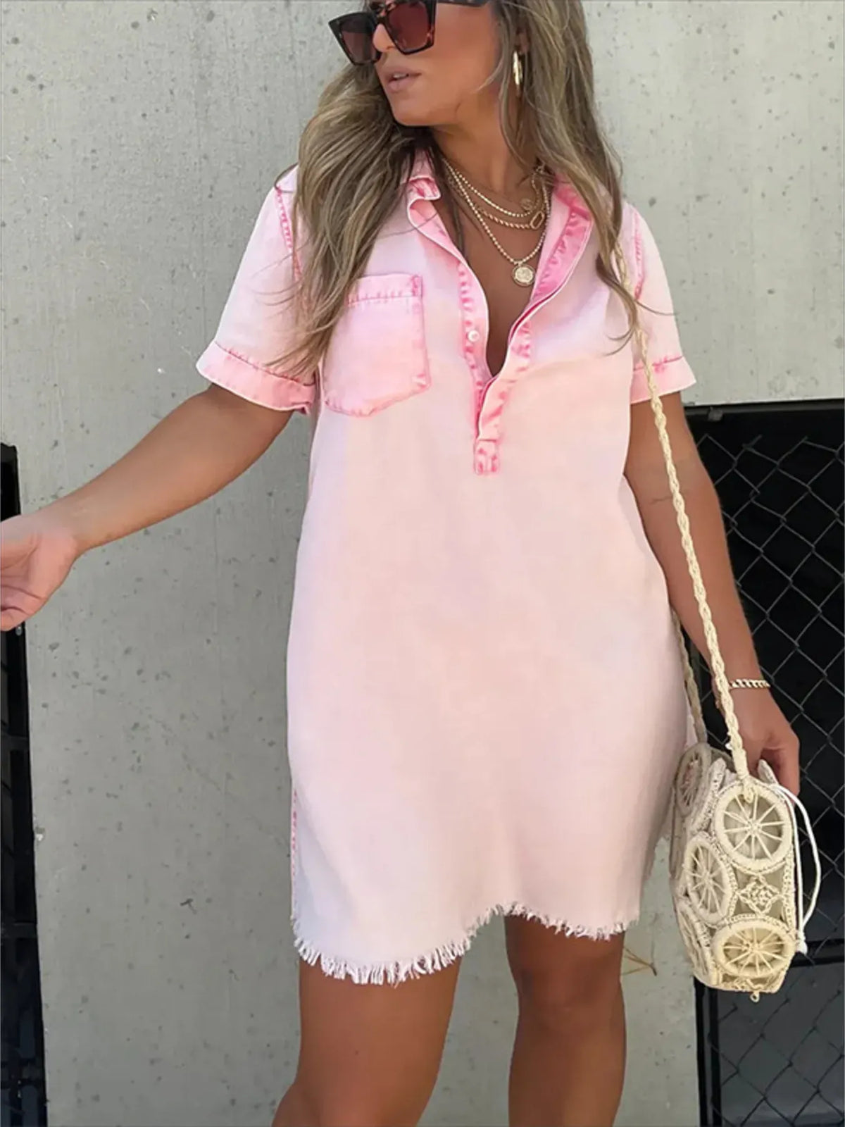 Full Size Raw Hem Short Sleeve Denim Dress Plus Size - Draped in Grace