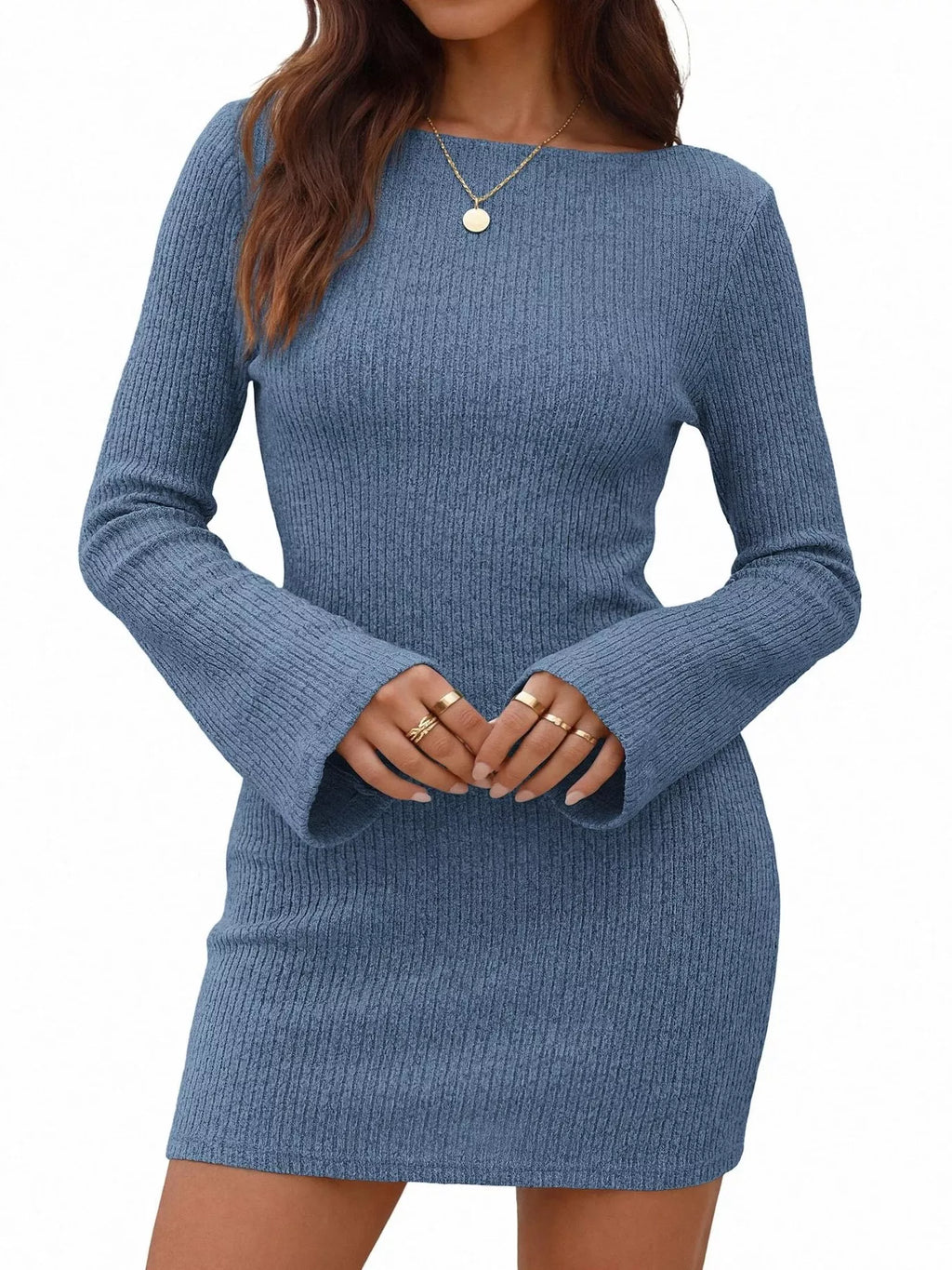 Ribbed Knit Long Sleeve Slim Fit Sweater Dress - Draped in Grace