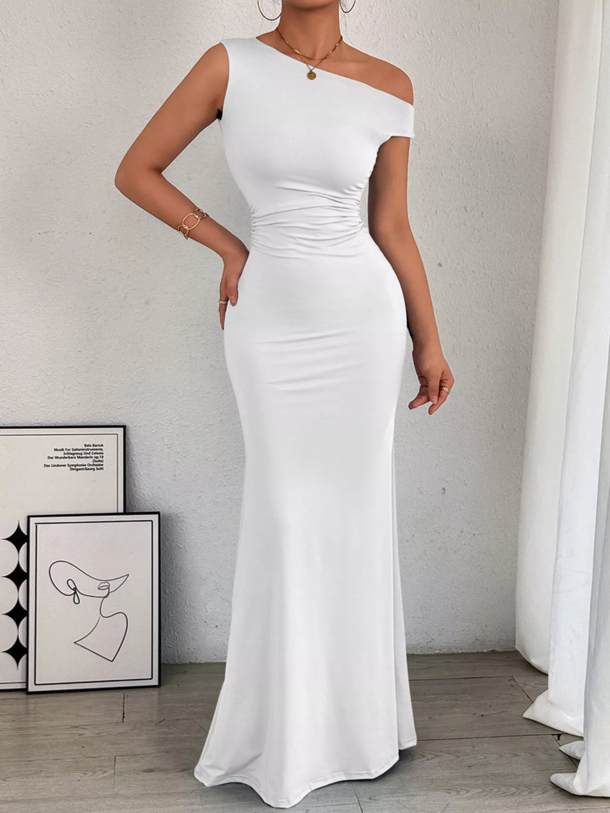 One-Shoulder Ruched Bodycon Maxi Dress - Draped in Grace