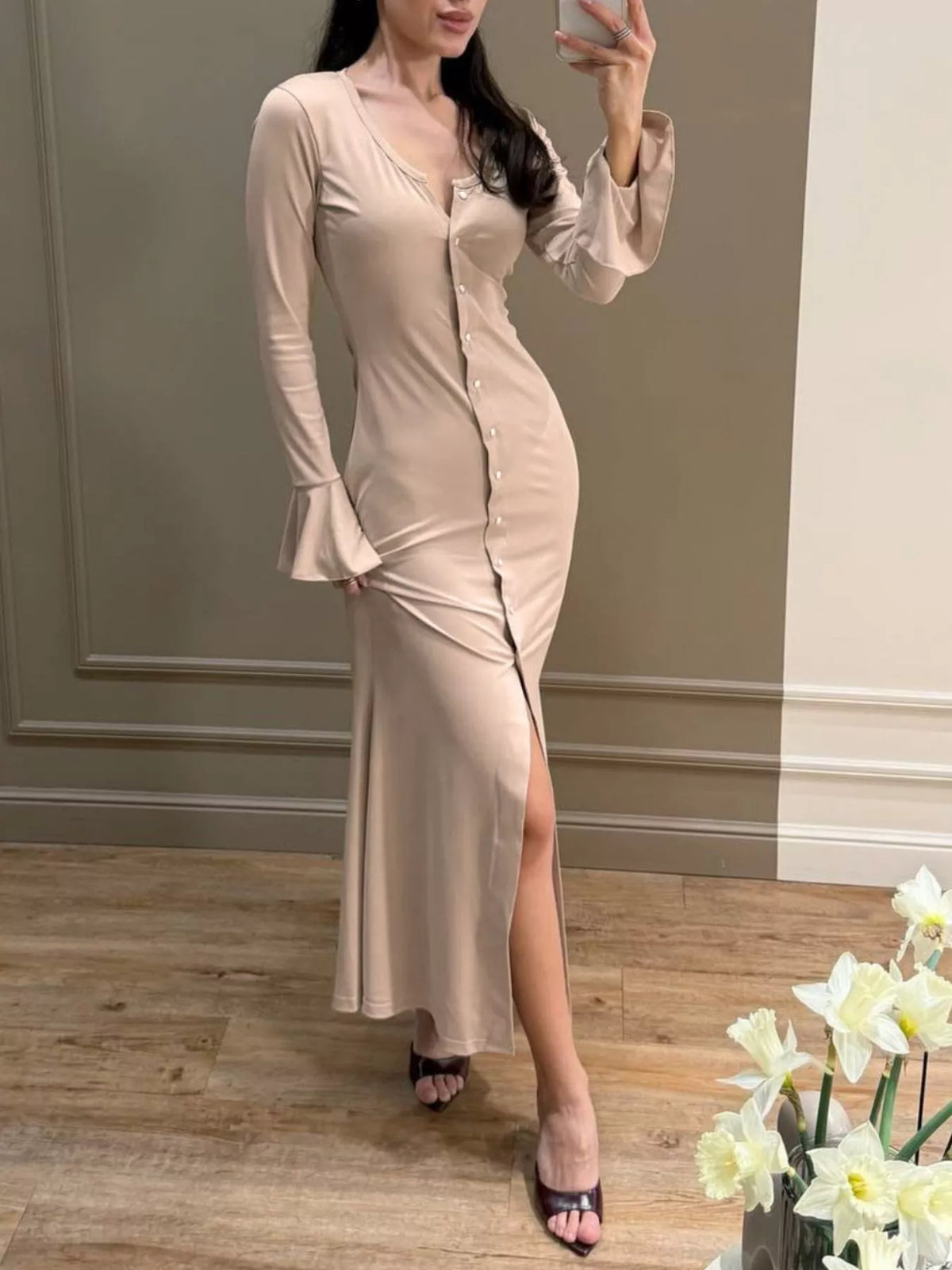 Button-Down Bodycon Maxi Dress - Draped in Grace