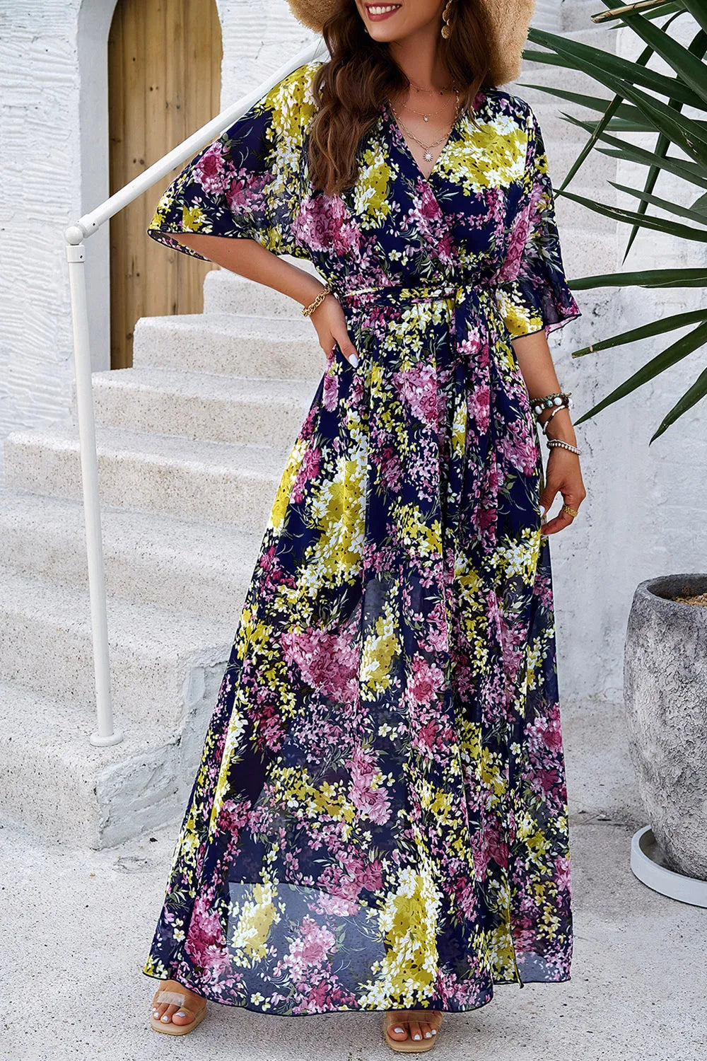 Devine Printed Tied Half Sleeve Slit Dress - Draped in Grace