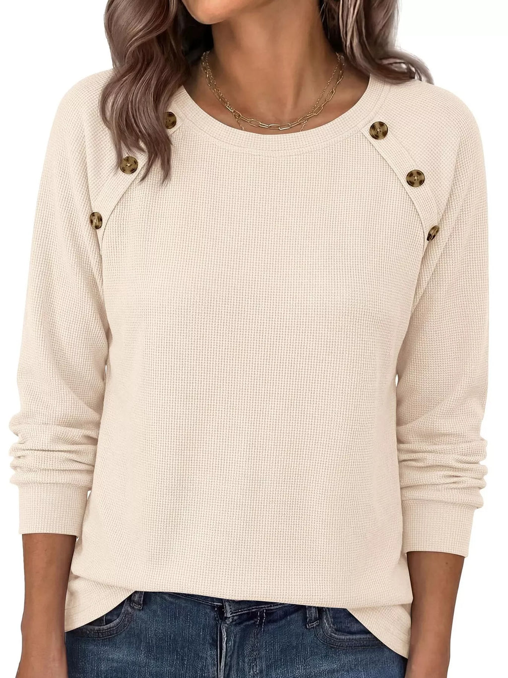Decorative Button Waffle Knit Long Sleeve T-Shirt - Draped in Grace