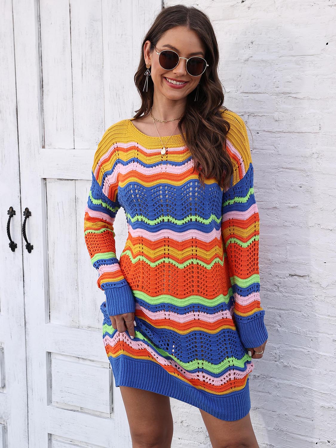Openwork Round Neck Sweater Dress - Draped in Grace