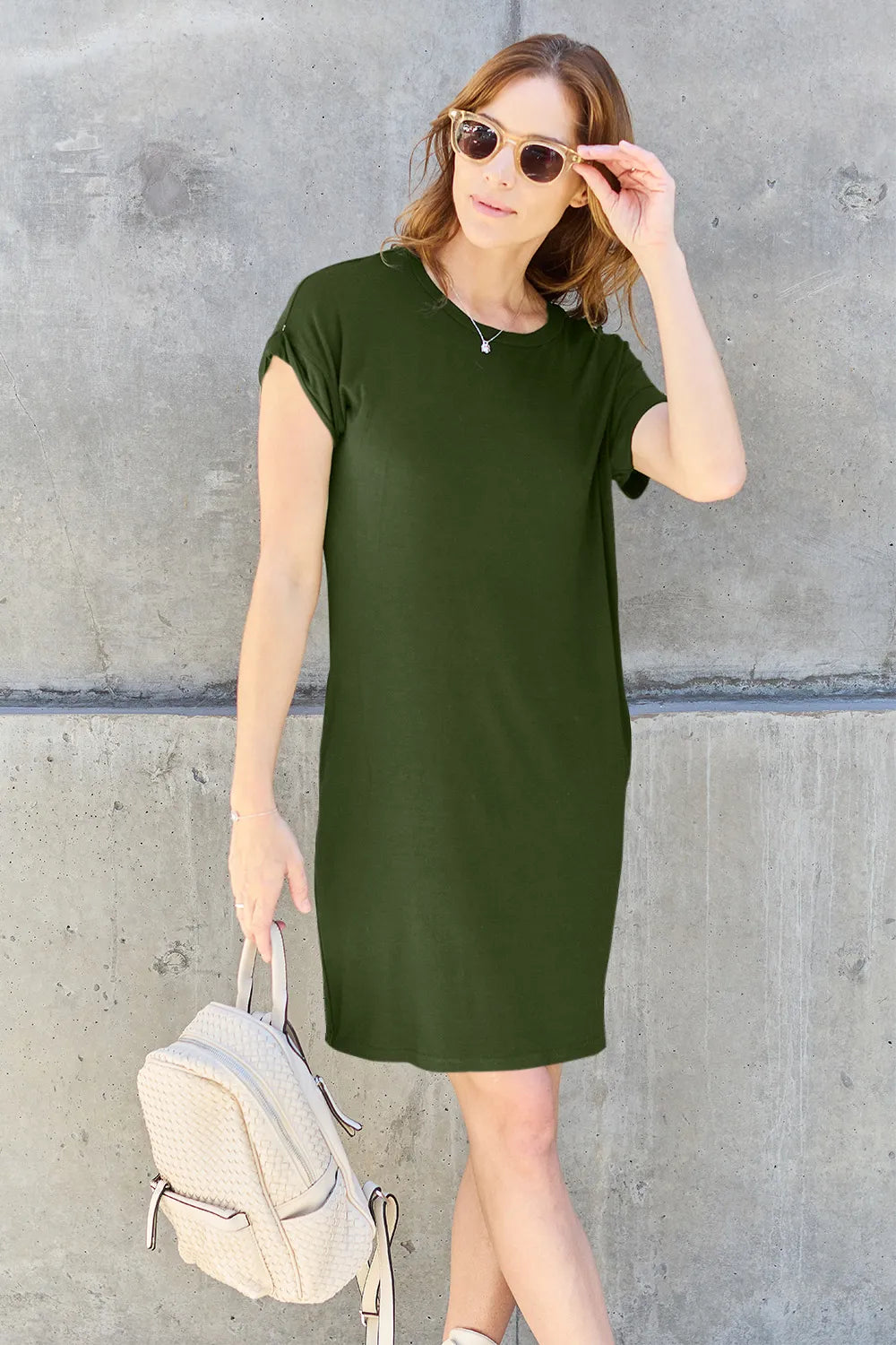 Basic Bae Full Size Round Neck Short Sleeve Dress with Pockets - Draped in Grace