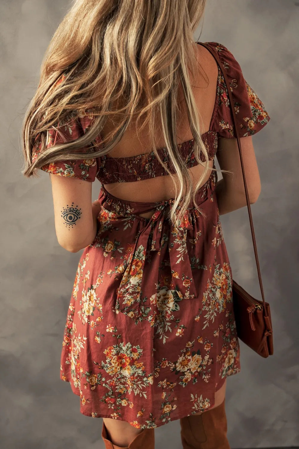 Floral Puff Sleeve Square Neck Knot Open Back Mini Dress - Draped in Grace