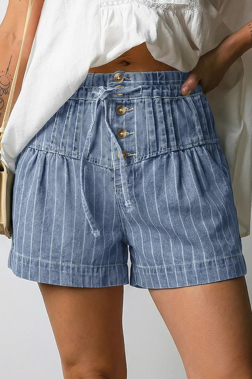 Striped High-Waisted Denim Shorts - Draped in Grace