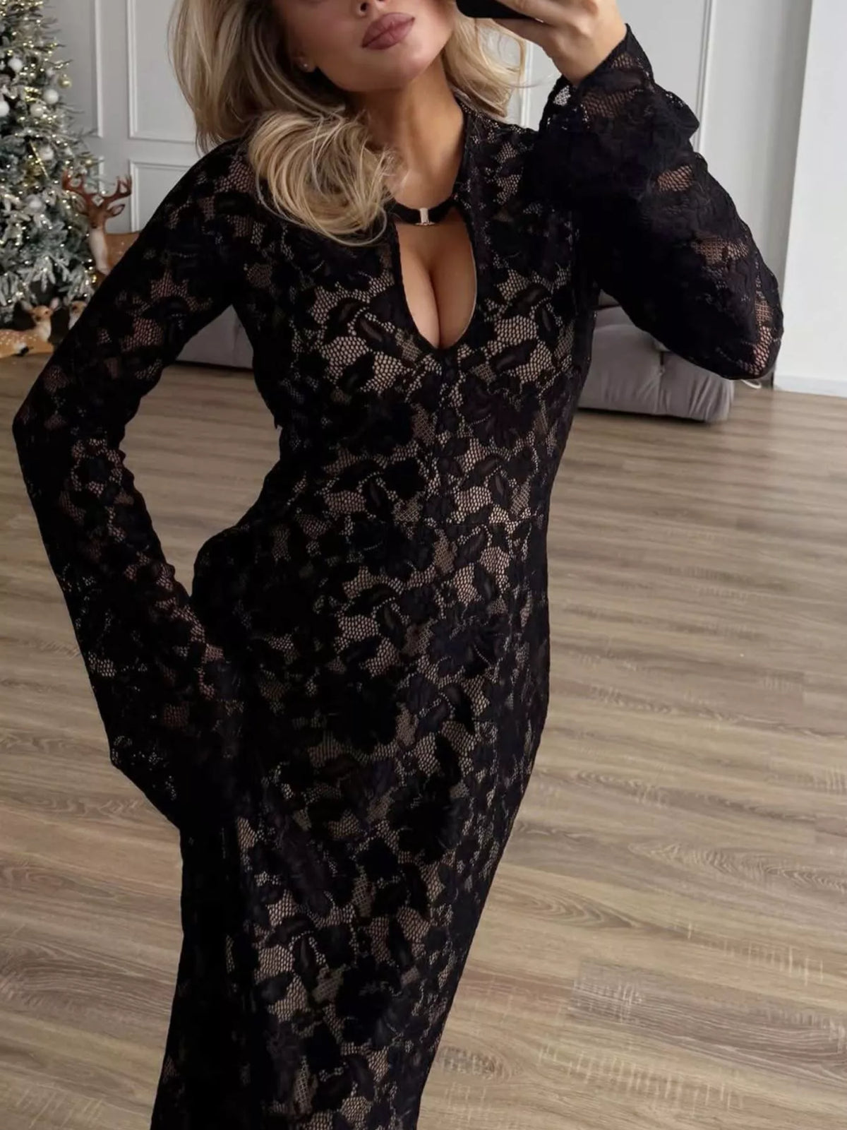 Lace Long-Sleeve Bodycon Maxi Dress - Draped in Grace