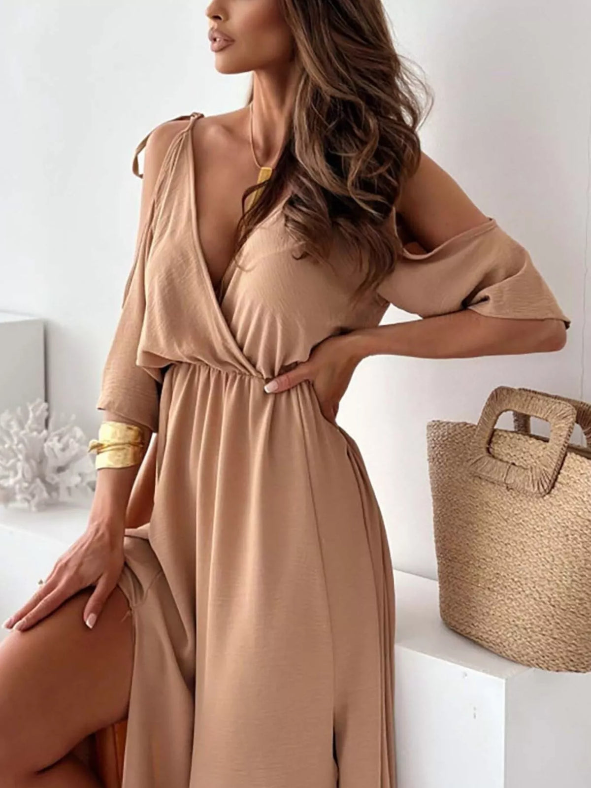 Slit Cold Shoulder Maxi Dress - Draped in Grace