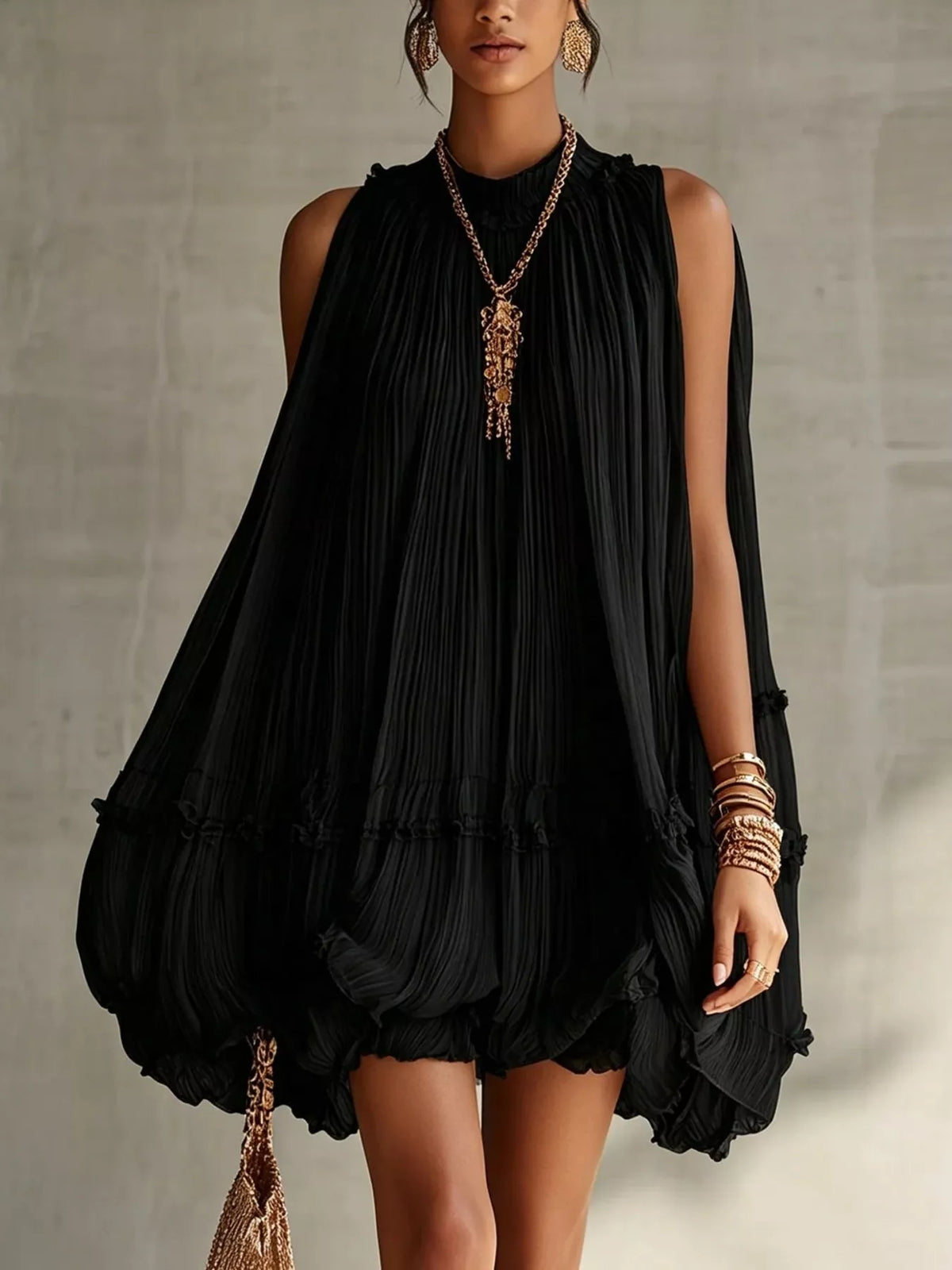 Pleated Mock Neck Sleeveless Mini Dress - Draped in Grace