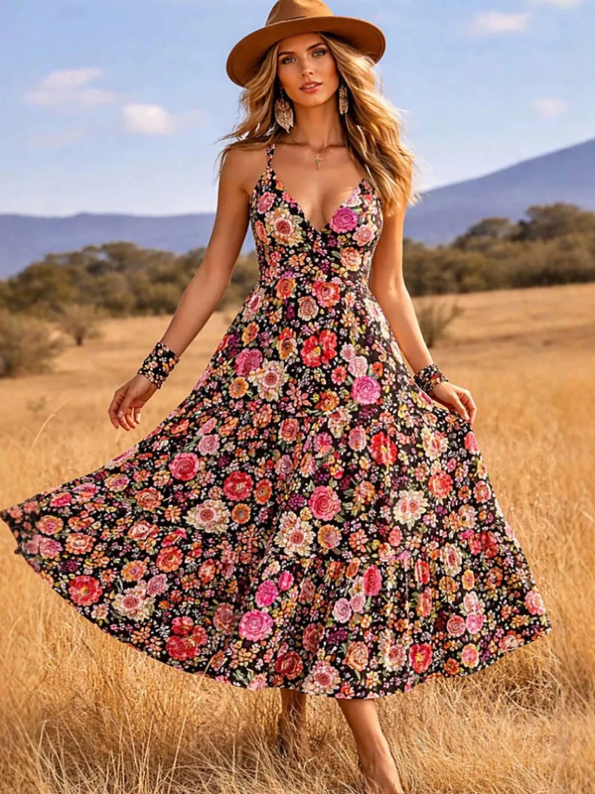 Floral Print V-Neck Midi Dress - Draped in Grace