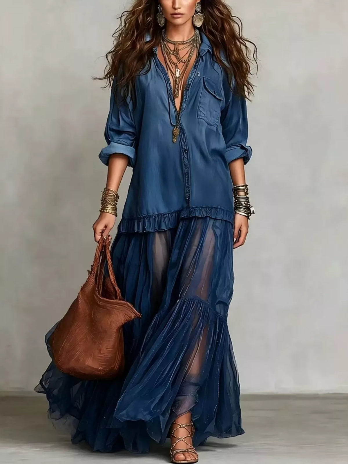 Full Size Tiered Long Sleeve Denim Shirt Maxi Dress Plus Size - Draped in Grace