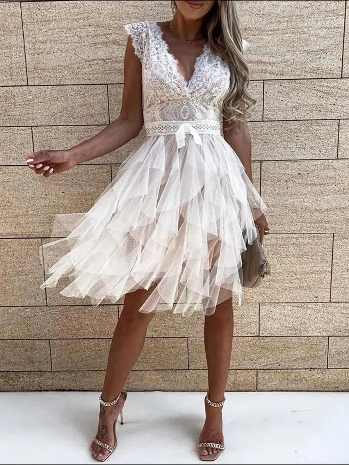 Lace Bodice Layered Tulle Dress - Draped in Grace