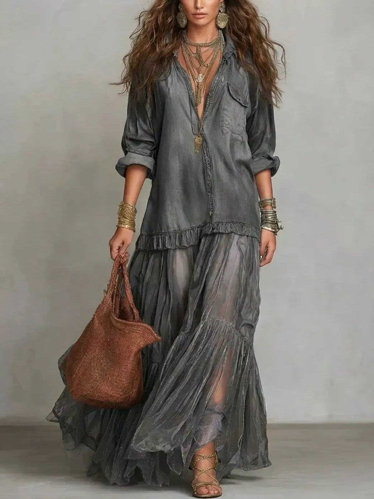 Full Size Tiered Long Sleeve Denim Shirt Maxi Dress Plus Size - Draped in Grace