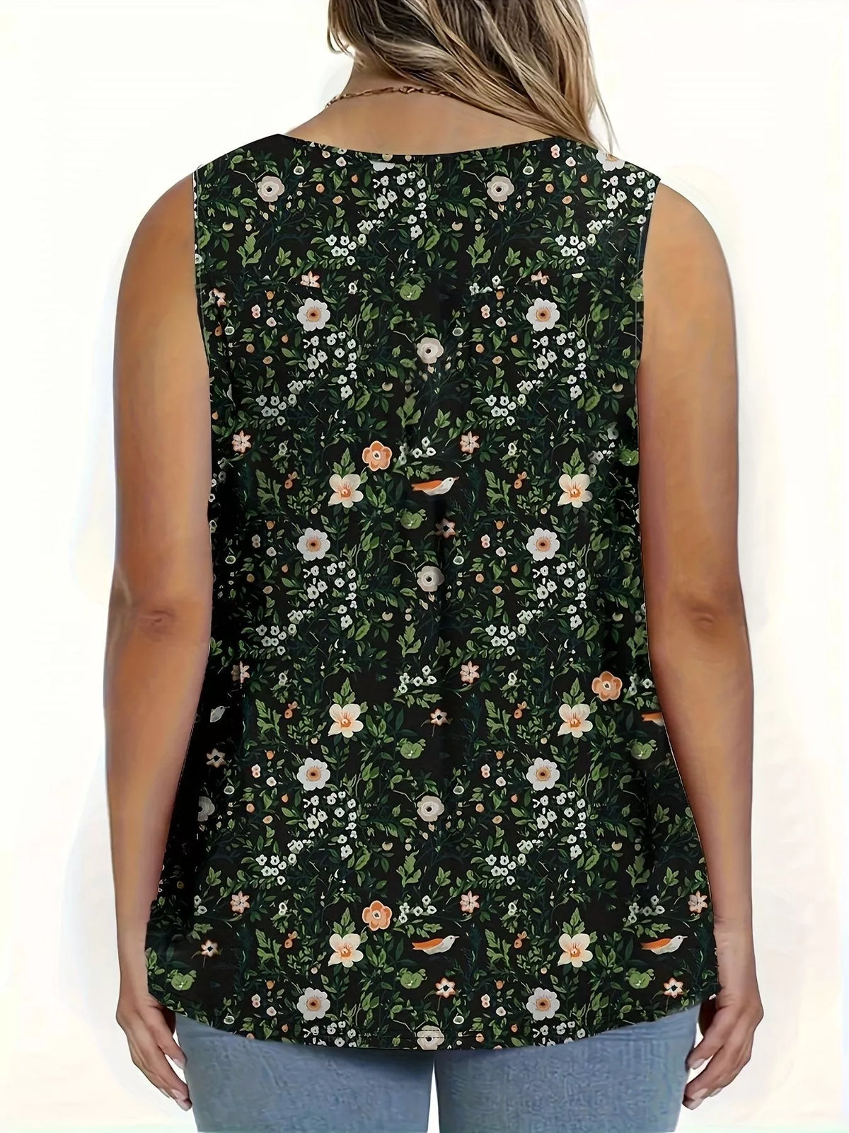 Full Size Floral Print Button Detail Tank Plus Size - Draped in Grace
