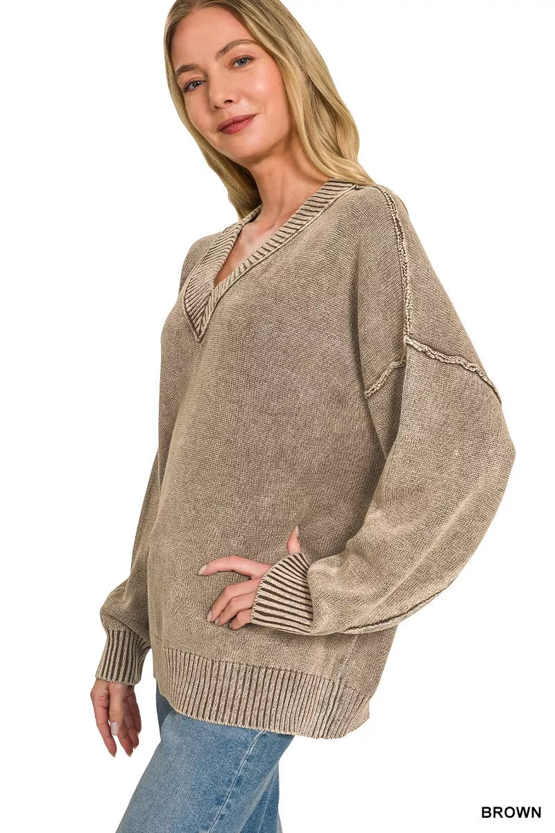 Zenana Washed Deep V-neck Oversized Sweater - Draped in Grace
