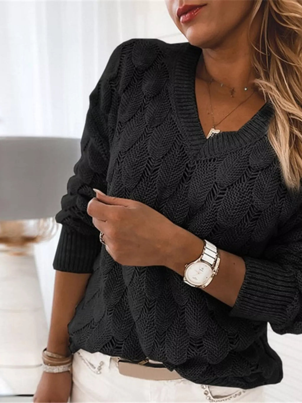 V-Neck Knitted Sweater - Draped in Grace
